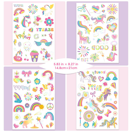 Unicorn Temporary Tattoos for Kids Girls - 94 Glitter Styles Unicorn Rainbow Fake Tattoos for Birthday, Party Decorations, Favors Waterproof Unicorns Tattoos Stickers for Girls - 4 Sheets