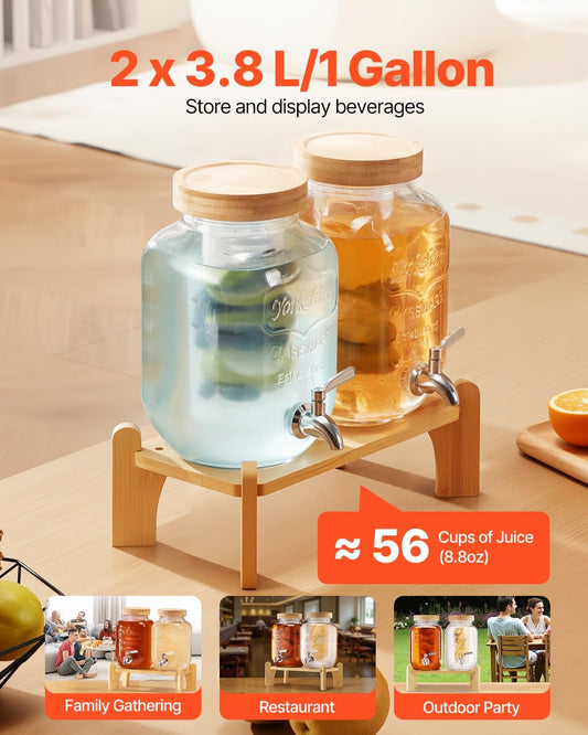 VEVOR Beverage Dispenser, 3 Pack 1 Gallon Drink Dispensers for Parties, Glass Juice Dispenser with Wood Stand, Stainless Steel Spigot, Infuser, Iced Tea Lemonade Juice Water Dispensers for Parties