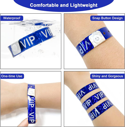 Ouchan Holographic VIP Plastic Wristbands Silver - 100 Pack Vinyl Wristbands for Events Parties