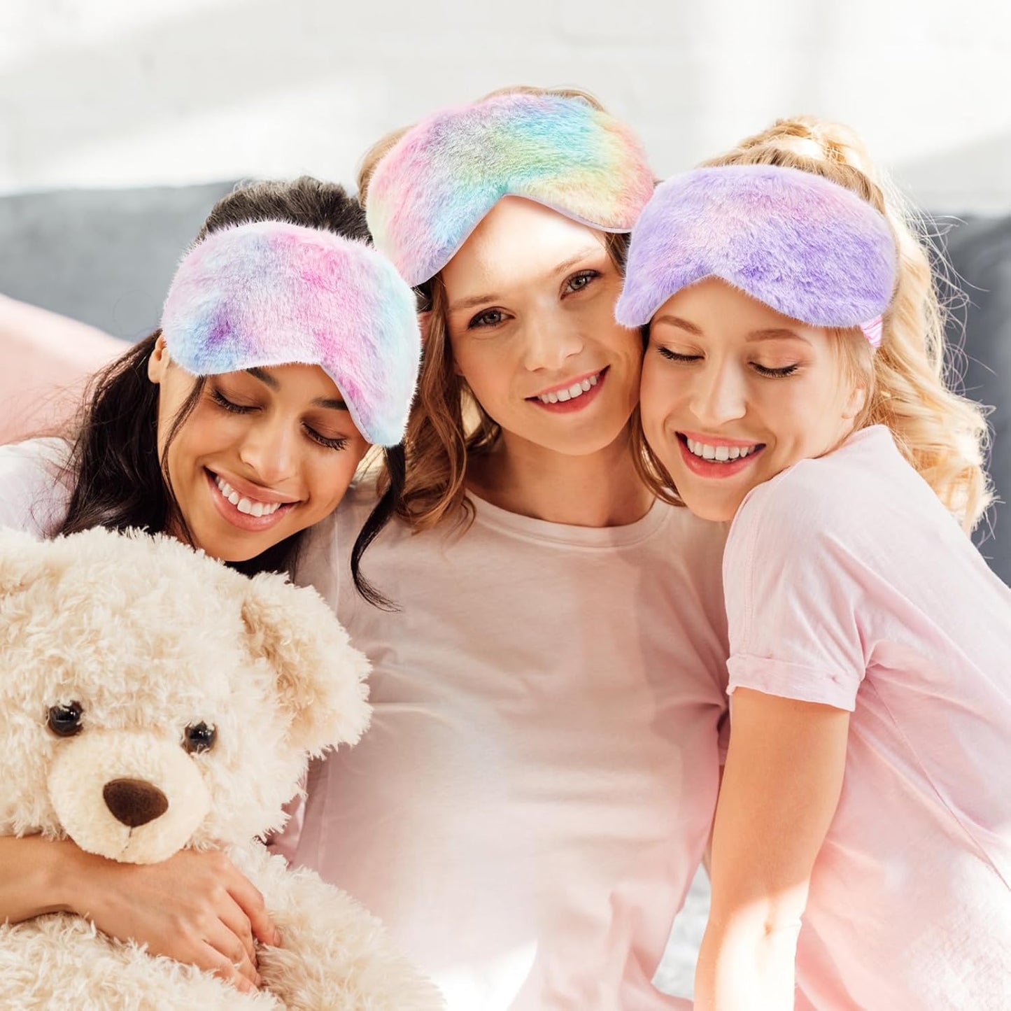Cuffbow 12 Pcs Plush Sleeping Eye Masks Bulk Comfortable Sleep Eye Cover Mask for Kids Women Men Soft Furry Blindfold Faux Fur Shade for Travel Nap Sleepover Party Supplies(Rainbow)