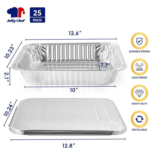JOLLY CHEF 9x13 Aluminum Foil Pans (30 Pack) - Disposable Half Size Deep Steam Foil Pans for Roasting Turkey, Lasagna, Casseroles - Thanksgiving, Christmas, Parties, Catering