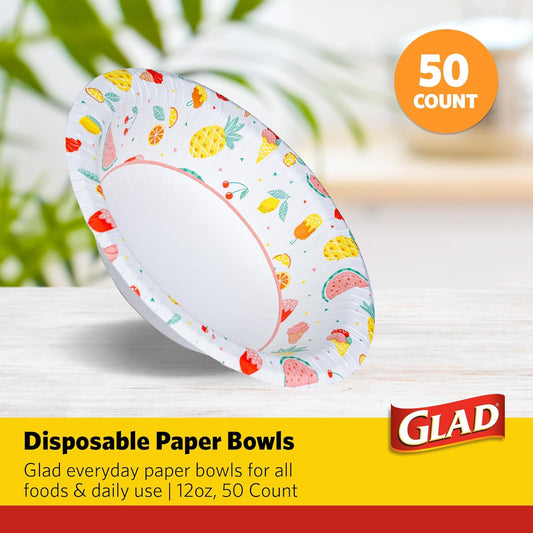 Glad Round Disposable Paper Bowls, Picnic Design - Heavy Duty, Soak-Proof, Cut-Resistant, Microwavable Paper Bowls for All Foods, Daily Use, and Summer Occasions, 12 oz, 50 Count
