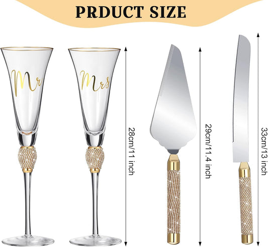 Boao 4 Piece Mr and Mrs Champagne Flutes and Cake Knife Server Set Crystal Wedding Toasting Flutes Rhinestone Cake Cutting Set for Bride and Groom Wedding Engagement Bridal Shower Gifts(Silver)