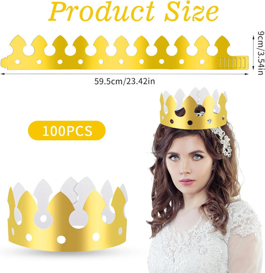 100 Pcs Paper Crowns for Adults, Gold King Princess Paper Crown Bulk for Boys Girls Adults Women Men Birthday Party Supplies Decoration Photo Props Family Banquets School Classroom (Classic Style)