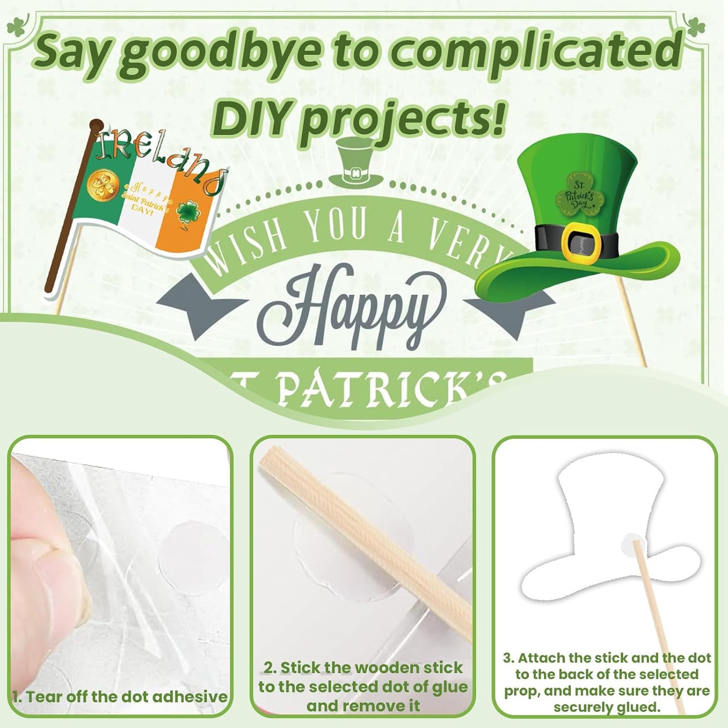 47 PCS St Patrick's Day Photo Booth Props Kit - Funny Couple Handheld Frames & Selfie Decorations for Party (34 Props, 12 Tattoos & Handheld Frame
