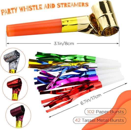 Weoxpr 30 Pieces Colorful Noisemakers Blowouts Horns, Glitter Metallic Fringed Whistles and Streamers,for Birthday Party Favors, Graduation,New Years Accessory, Sports,Mermaid Supplies (Pastel Colors)