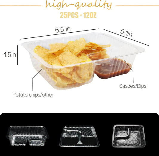 50 PC Nacho Trays Disposable, 12oz Plastic Nacho Containers with Chip and Dip Holder, 6x5 In 2 Compartments Clear Snack Trays for Kids,Parties, Movie Night Supplies (Plastic-50pc)