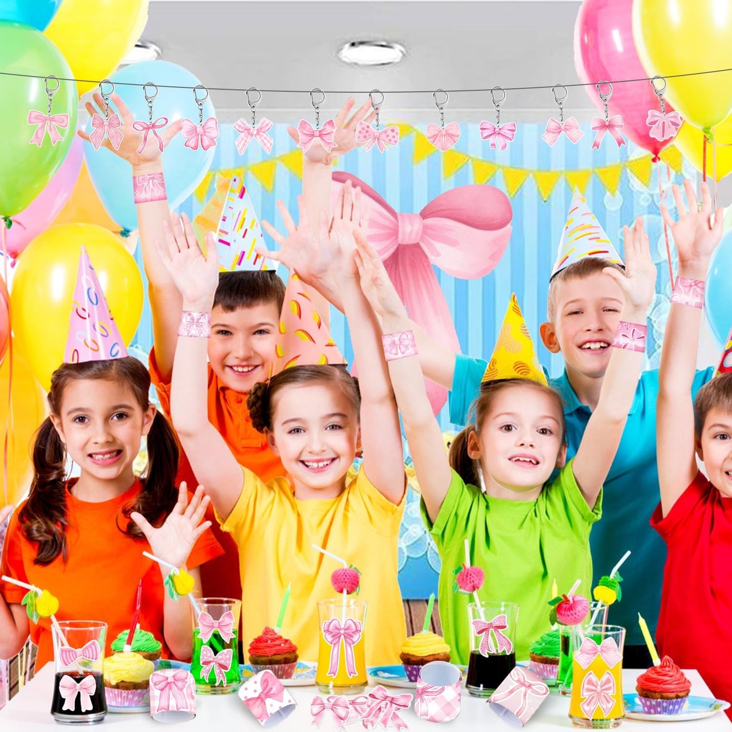 74 PCS Coquette Party Favors - 50 Pink Bow Stickers, 24 Slap Bracelets - Birthday Decorations Supplies for Kids, Girls, Women