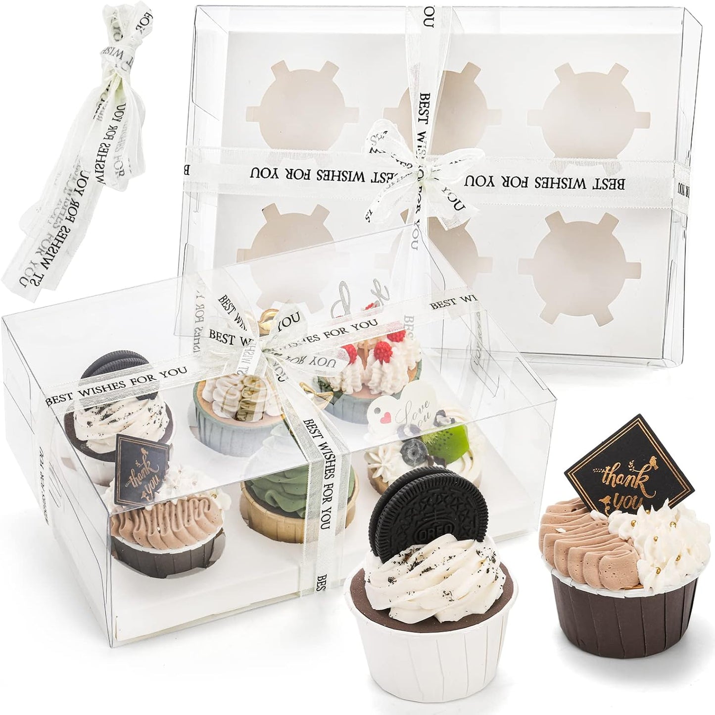Cedilis 15 Pack Clear Cupcake Boxes, 6 Count Cupcake Containers with Gift Ribbon, Plastic Cupcake Carrier Holder for Treat Dessert Cookies Muffins Pastry Baby Shower Party