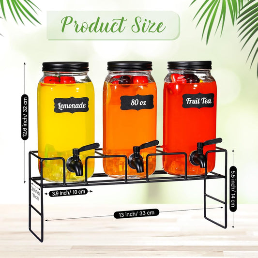 3 Pack 80 oz Glass Beverage Dispenser with Stand Clear Mason Jar Water Dispenser for Party, Fridge Includes Leakproof Stainless Steel Spigot, Black Lid and Label (Gold)