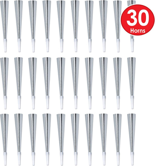 Beistle Silver Foil Horns – 30 Pack, Metallic Noisemakers with Black Mouthpieces for New Year’s Eve, Weddings, Graduations, Anniversaries, Birthday Parties, Corporate Events and Loud Celebrations, 9”