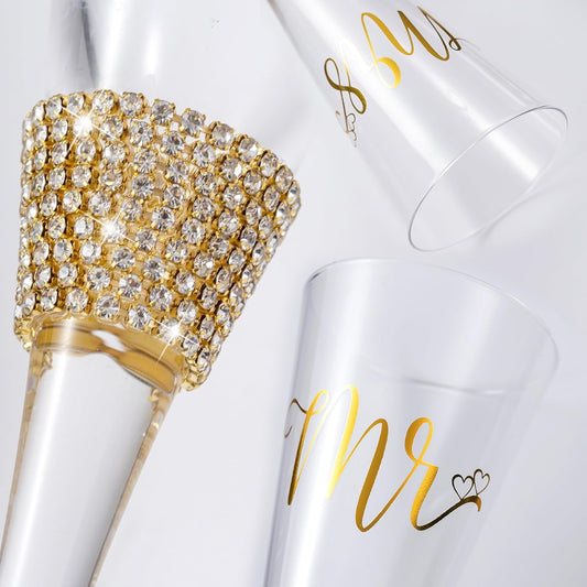Wedding Cake Knife and Server Set, Bride and Groom Champagne Glasses and Gold Cake Cutting Set for Wedding, Cake Cutter and Champagne Flutes Glass for Mr and Mrs Gifts for Coples (Gold)