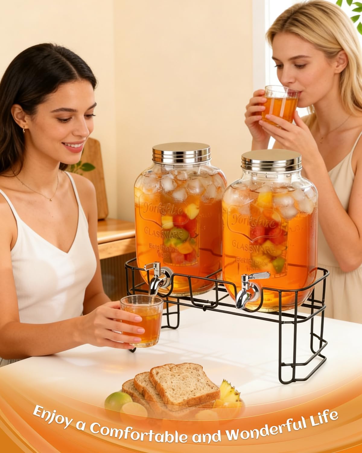 Glass Drink Dispenser 2 Pack with Stand - 1 Gallon Glass Beverage Dispenser for Parties, Juice, Water - Includes Spigot and Filter Separation and Chalkboard Labels