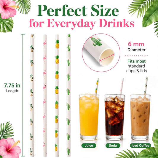 ALINK 100 Pack Tropical Paper Straws - 7.75" Biodegradable Hawaii Party Straws with Flamingo, Pineapple, Cactus & Coconut Tree Designs - Supplies for Luau, Beach Party, Birthday & Summer Cocktails