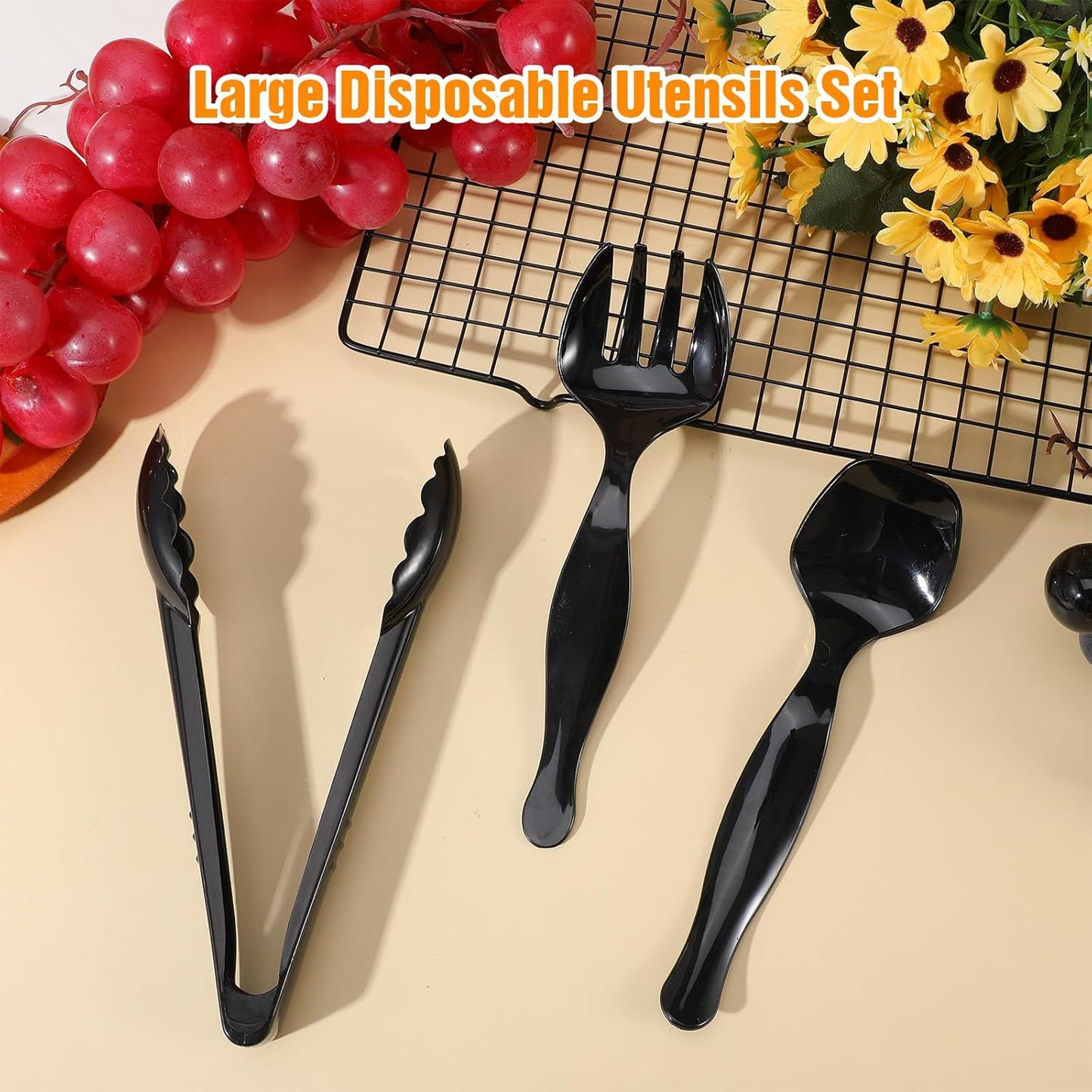 36Pcs plastic serving utensils serving utensil Set Servings Utensils Disposable Black Include 6.3"Plastic Servings 9.75"Servings Spoons 9.75"Servings Forks for 12 sets for Dinner Parties