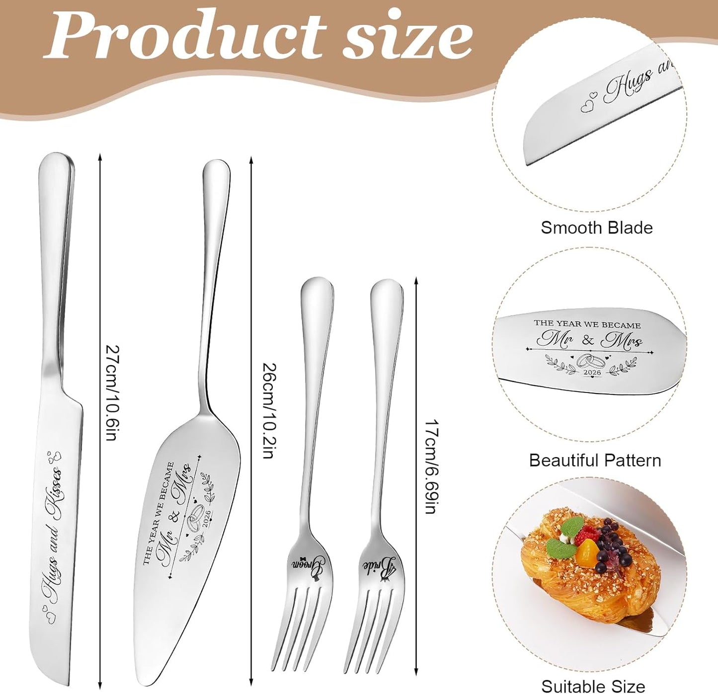 Wedding Cake Knife and Server Set - 4 Piece Stainless Steel Cake Cutting Set for Wedding, Cake Cutting Knife, Slicer and Forks Server for Engagement, Anniversary, Birthday
