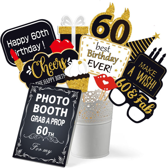 32pcs 60th Birthday Photo Booth Props for Men Women, 60 Birthday Selfie Props Kit, Classic Black Gold Happy 60th Birthday Party Supplies, Cheers to 60 Years Old Bday Decor
