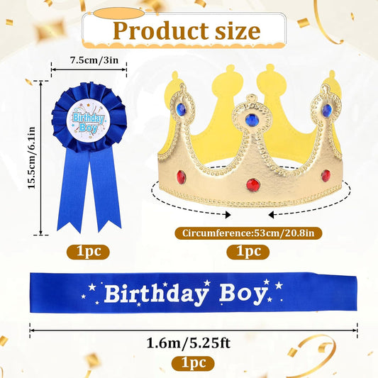 Xthrotsenk Birthday Boy Crown Party Set - Prince Crown Hat, Sash, Button Pin Accessory Costume Headwear & Photo Props for Men