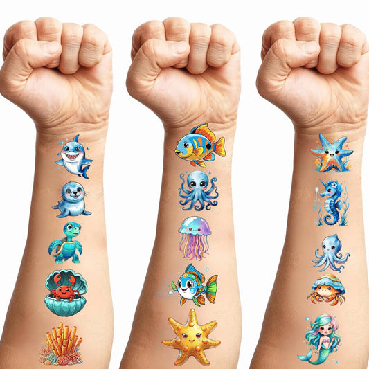 108 PCS Ocean Sea Animal Shark Whale Fish Pre-Cut Temporary Tattoos | Super Cute Themed Birthday Party Favors, Supplies, Decorations, Fake Tattoo Stickers