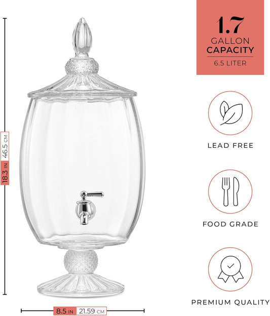 Madison Optic Beverage Cold Drink Dispenser w 1.7-Gallon Capacity Glass Jug, Leak Proof Acrylic Spigot for Parties, Weddings,& More, 8.5x18