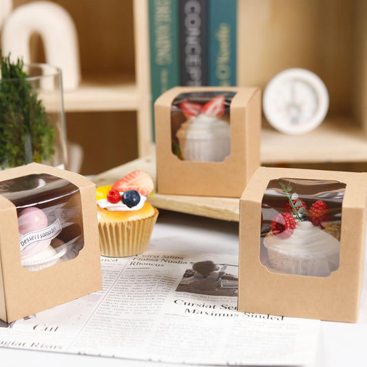 NPLUX 50 Pcs Cupcake Boxes Individual Cupcake Containers Pre-Assembled Single Cupcake Boxes 3.5"x3.5"x3.5" with 50 Pcs Inserts for Cupcakes Muffins Party Favors(Brown)