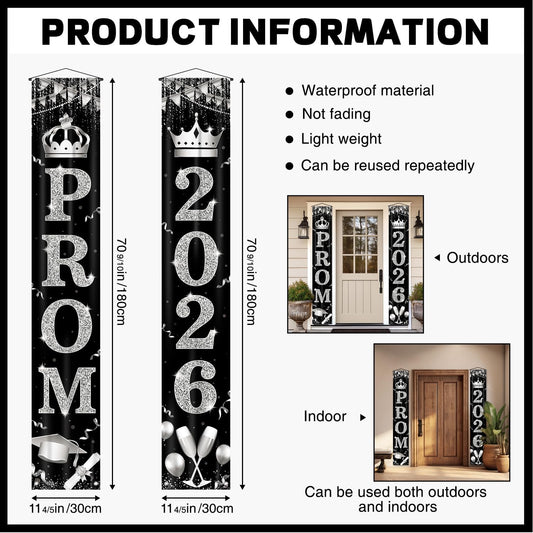 Prom Decorations 2026, Black and Gold Door Banner, Front Porch Welcome Sign 2026 for Send Off Decor, Outdoor Sign for High School College Graduation Party Decor