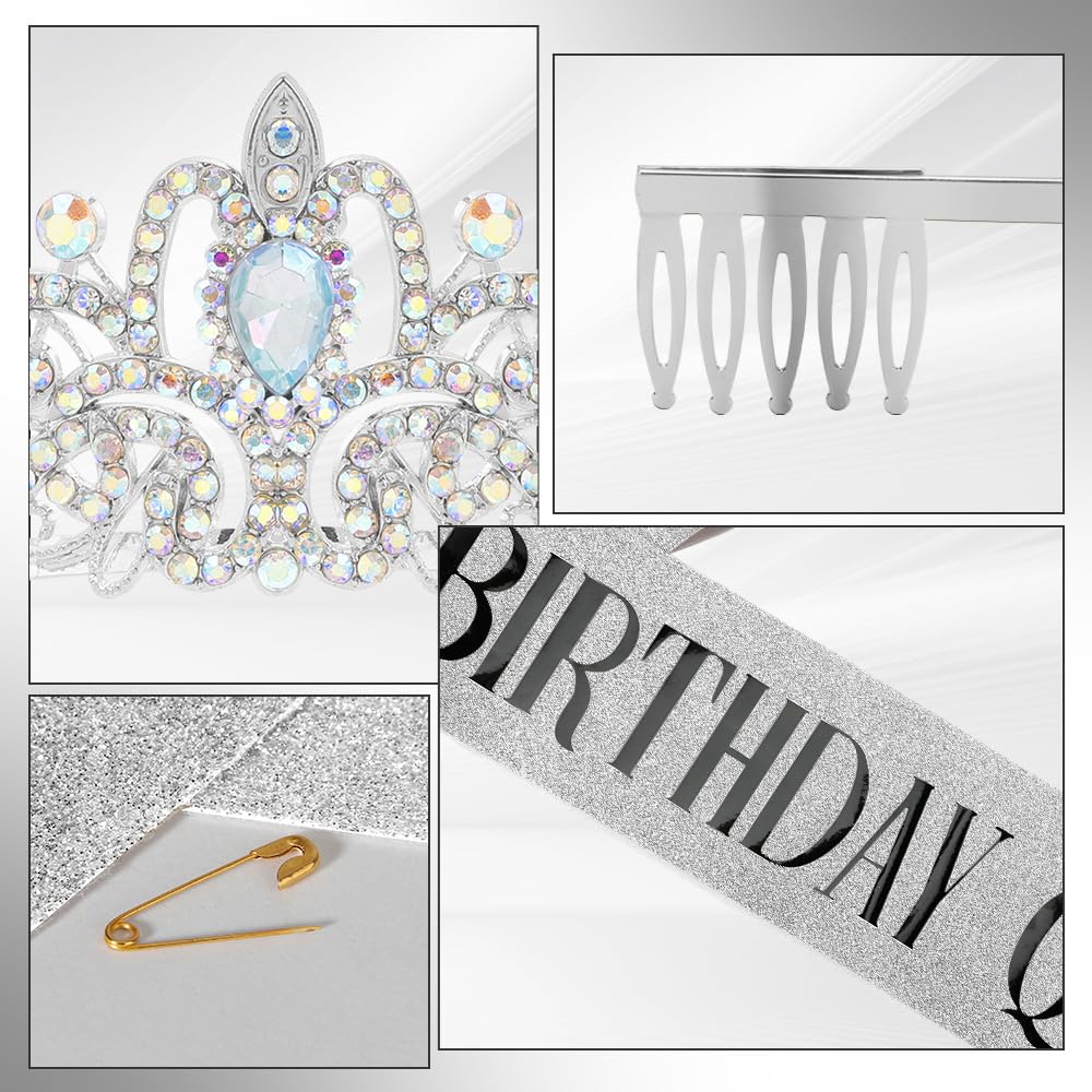 Birthday Sash for Women,Birthday Crown Tiaras for Women,Gold Rhinestone Queen Sash and Crown Tiara Headband for Party Decorations