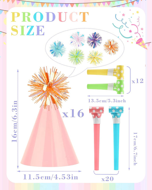 JOYEONDEF 48 Pcs Pastel Party Hats Set – 16 Rainbow Macaron Cone Hats with 32 Colorful Noise Makers for Birthday, Wedding, New Year & Celebration Decorations