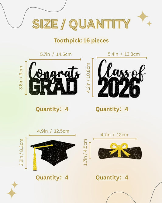 Class of 2026 Centerpieces Sticks for Graduation, 16 Pcs Graduation Decorations Cake Toppers, Graduation Theme Party Decorations Supply(BG)