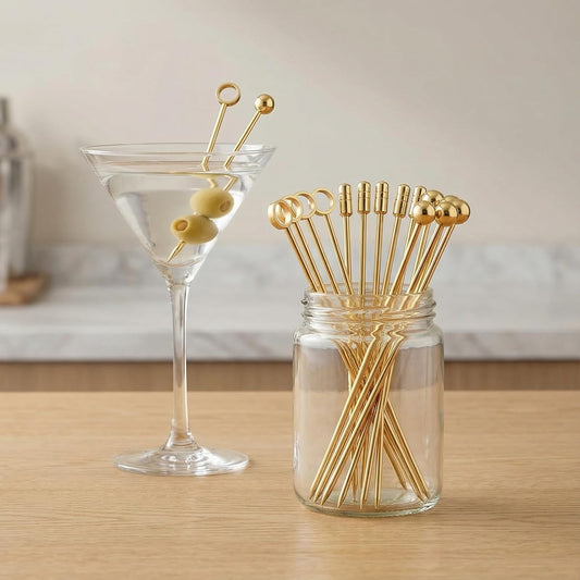 I-MART 15 Pack Stainless Steel Cocktail Picks Martini Olive Skewers, Reusable Metal Garnish Sticks for Drinks, Appetizers, Bloody Mary, Olives, Citrus, Fruit Decor (Gold, 4.25 Inch)