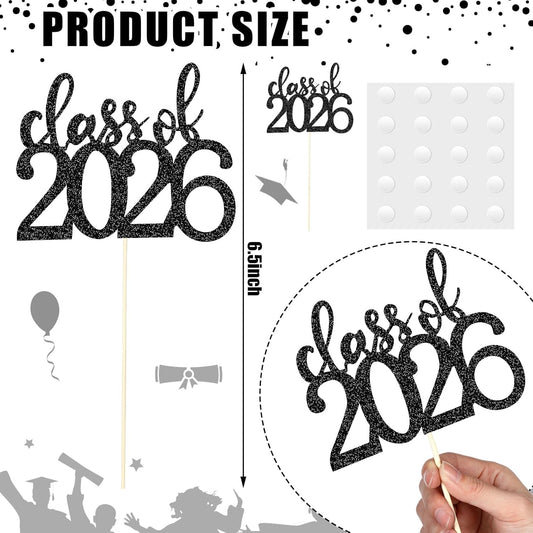 Amyhill 24 Pcs 2026 Graduation Decorations Class of 2026 Graduation Centerpiece Sticks Glitter Double Sided for Table Grad Party Decorations for Vase Table Toppers Supplies(Black)