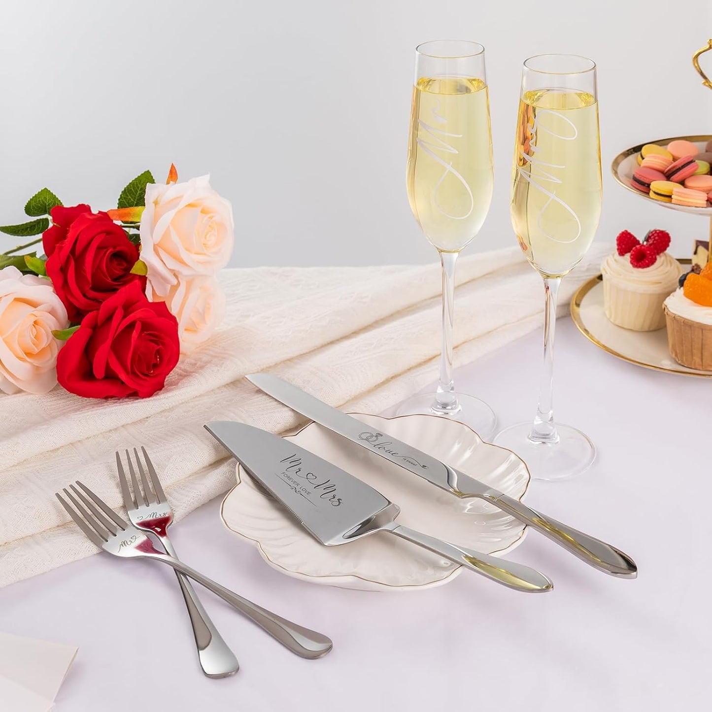 Wedding Cake Knife and Server Set, Mr and Mrs Champagne Flutes & Forks with Giftable Box, Cake Cutting Set for Wedding Engagement Bridal Shower Gifts (Silver)