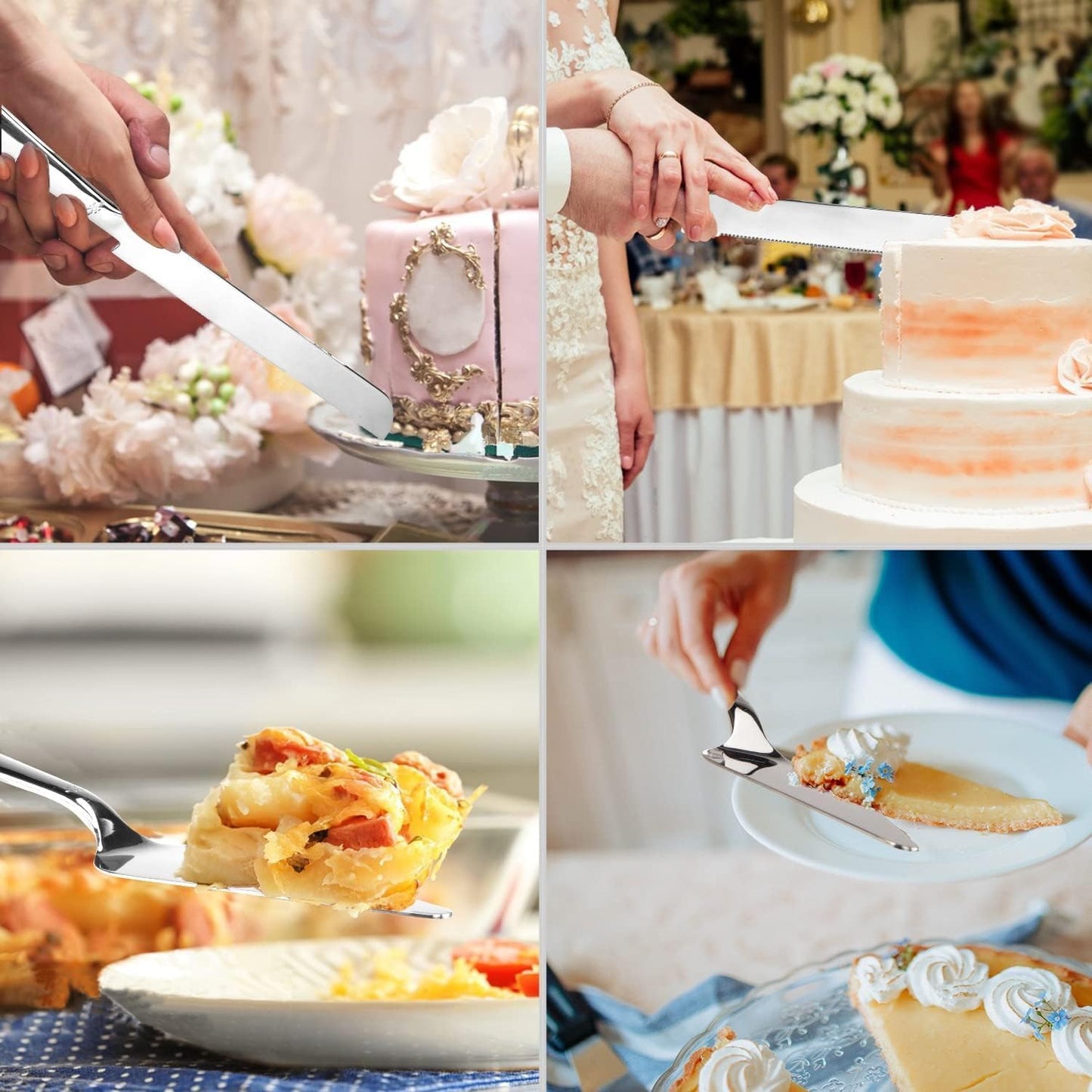 Cake Knife and Server Set Silver Wedding Cake Server and Knife Set with 10.63" Cake Knife and 8.86" Pie Server Stainless Steel Cake Cutting Set for Weddings, Parties and Anniversaries