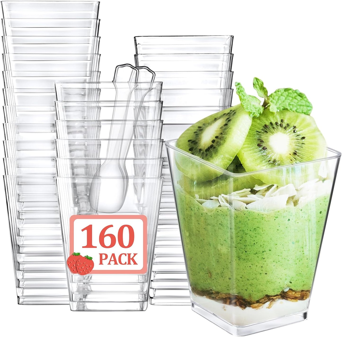 Eupako 100 Pack 5 oz Square Clear Plastic Dessert Cups with Spoons Small Clear Plastic Tumbler Cups Great for Desserts, Appetizers, Puddings, Mousse, Parfait