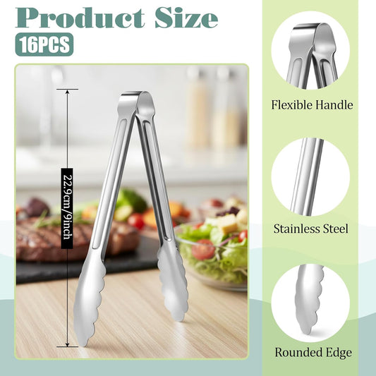 16 Pack Serving Tongs for Buffet, 9'' Stainless Steel Buffet Tongs Heavy Duty Metal Kitchen Tong Silver Food Tong for Serving Cooking Food Grill Salad BBQ