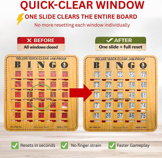 MR CHIPS Jam-Proof Finger Tip Master Bingo Card with Sliding Windows Large Cardboard Calling Cards Woodgrain Style