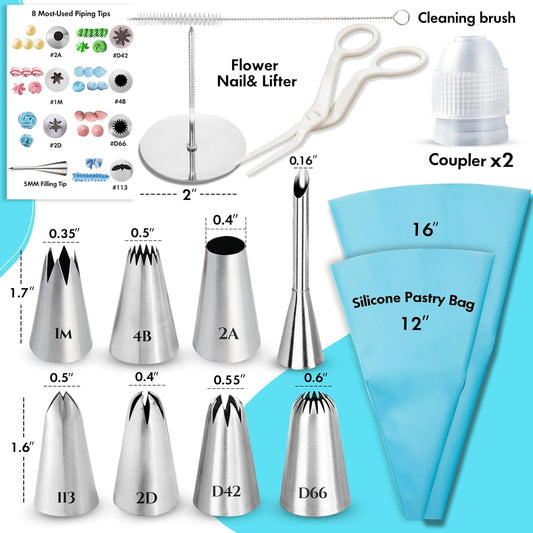 15PCS Reusable Piping Bags and Tips Set - Cake Decorating Kit with 8 Stainless Steel Nozzles, 2 Silicone Pastry Bags, 2 Couplers, Flower Nail, Lifter, Guide & Brush