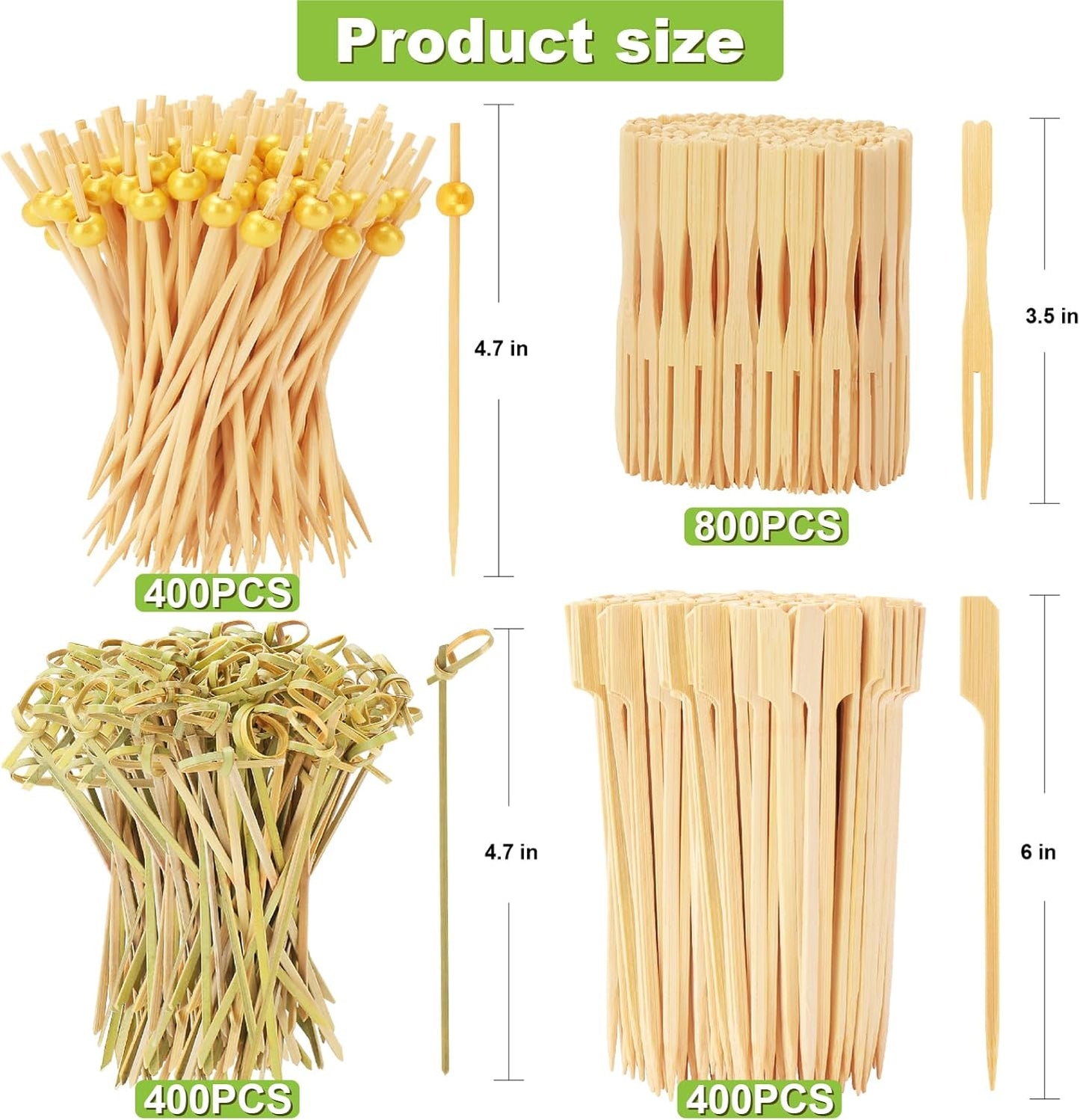 500PCS Cocktail Picks Kit, 4 Styles Fancy Toothpicks for Appetizers, 3 Sizes Long Bamboo Skewers, Decorative Wooden Cocktail Sticks for Party Supplies Food Drinks Fruit Charcuterie Boards Accessories