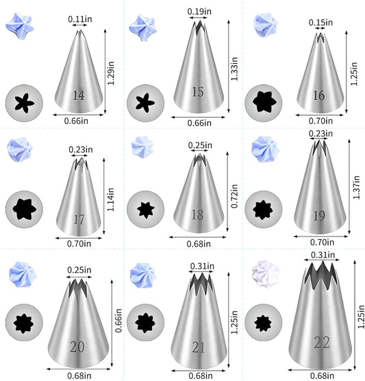 Open Star Piping Tips Set, 9 Piece Stainless Steel Star Piping Tips Set French Stars Tube Frosting Nozzle Kit Stars Pastry Tip for Cakes Cupcakes Cookies Decorating, Small Size 14-22
