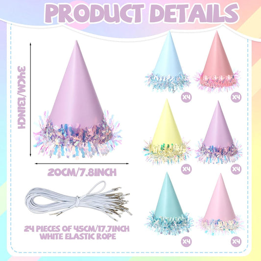 24 Pcs Iridescent Foil Pastel Rainbow Party Hats Colorful Birthday Party Cone Hats Pastel Paper Caps with Elastic String for Kids and Adults Birthday Baby Shower Bridal Shower Anniversary Decorations