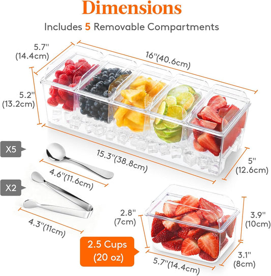 Lifewit Ice Chilled Condiment Caddy with 5x20 oz Containers, Condiment Server with Separate Lid, Serving Tray Platter with Removable Dishes for Bar Fruit Salad Taco Party Garnish, 39 x13cm/15x5