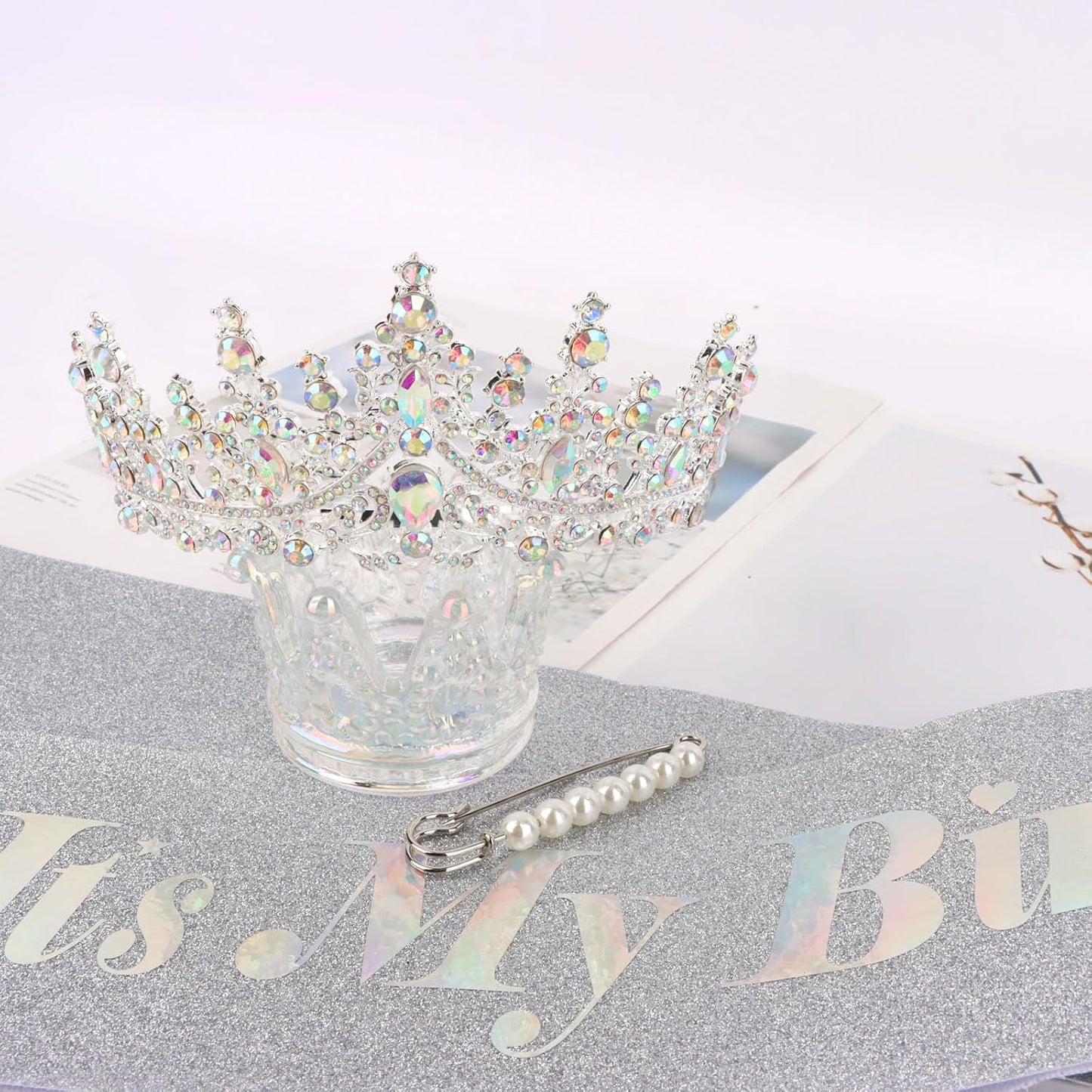 CURASA Birthday Tiara and Sash - Silver Birthday Crown for Women, Perfect for Parties and Celebrations