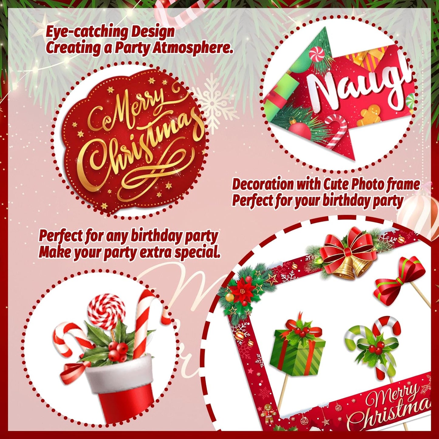 Christmas Photo Booth Props Kit - Large Size Selfie Frame & 24 Pcs Christmas Picture Props for Photoshoot Gift Box, Xmas/Winter/Holiday New Year Party Favors Supplies Jokes Favors