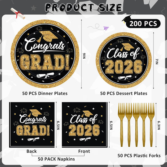 200Pcs Graduation Decorations 2026, Blue Graduation Plates and Napkins Party Supplies for 50 Guests, Disposable Grad Plates, Napkins, Dessert Plates and Forks for Grad Decor Wedding Birthday Supplies