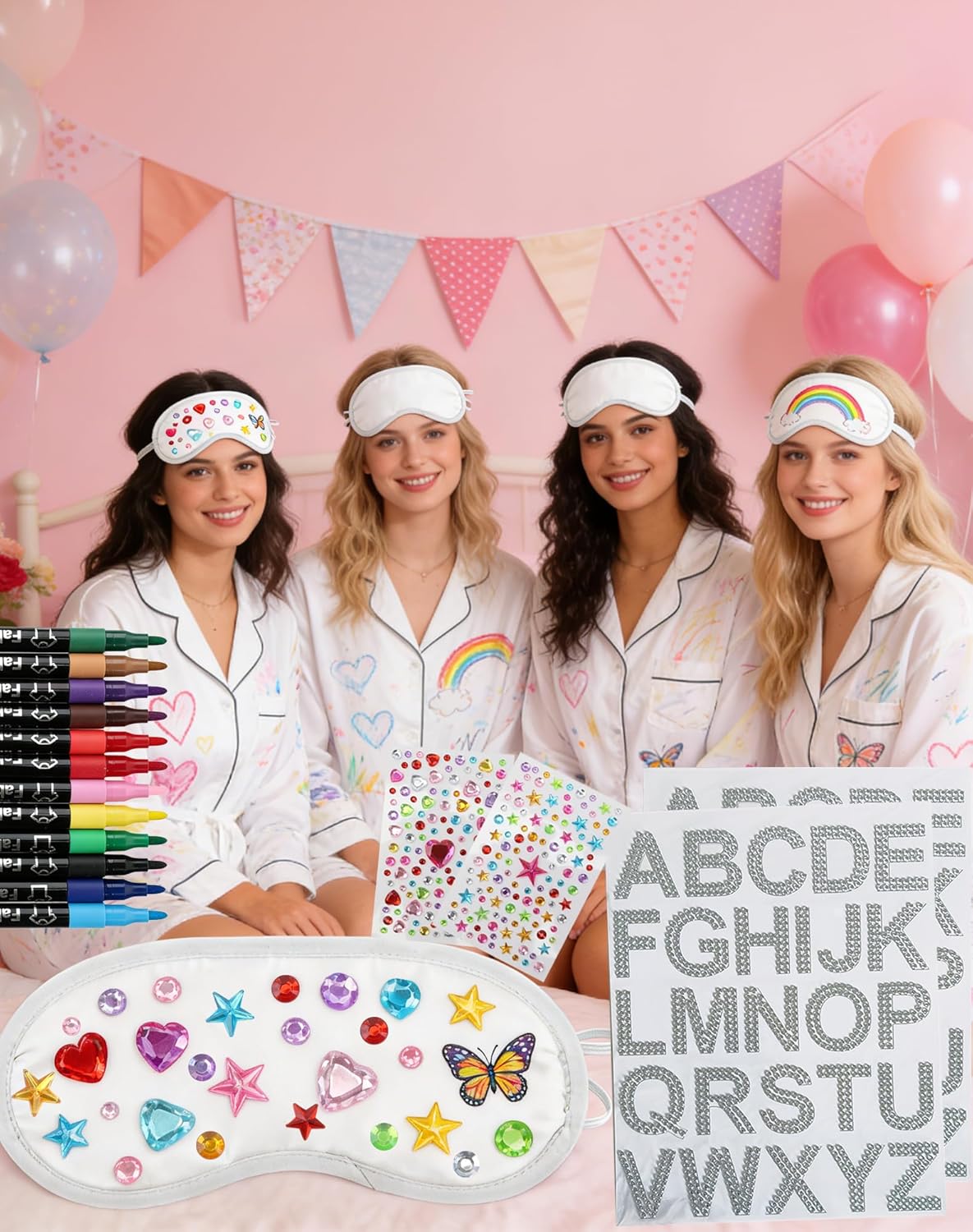 TOUROAM Pajama Theme Party Decoration - Sleep Eye Masks with Marker Pens and Sheets Self-Adhesive Heart Rhinestones Gems