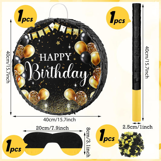 Sinmoe Birthday Piñata with Stick Blindfold and Confetti Large Piñata for Adult Men Women Birthday Party Supplies Decoration Wedding Anniversary(Black and Gold)