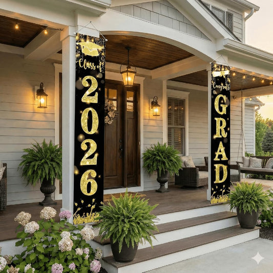 2026 Graduation Porch Banner Outdoor Waterproof - Black Gold Glitter Class of 2026 Door Decoration, Weather Resistant Grad Welcome Sign for Front Door Yard Garage, High School College Graduation Party Supplies (71" x 12", 2 Pack)