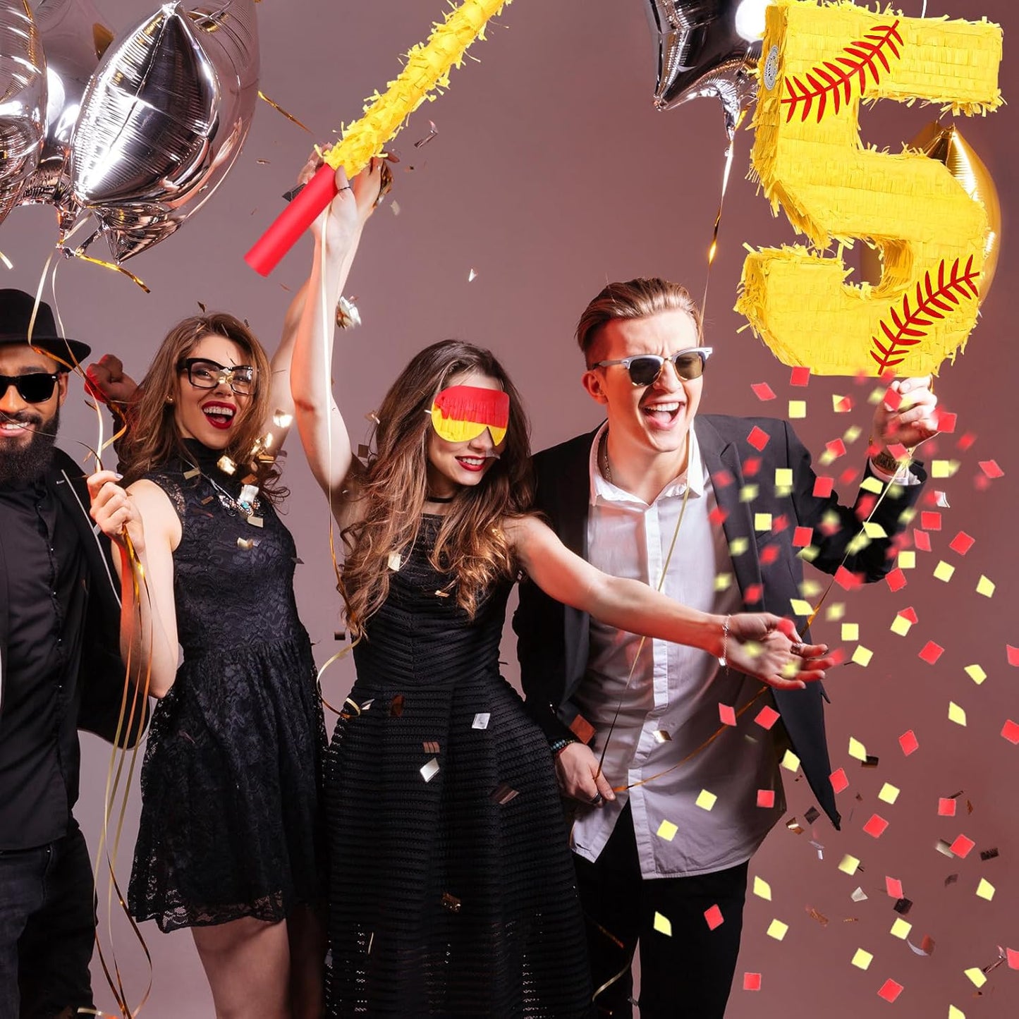 Soulchen Softball Number Piñata Set 16 Inch Yellow Softball Piñata with Blindfold Bat Confetti for Ball Sports Themed Birthday School Party Supplies Outdoor Game Decoration(Number 5)
