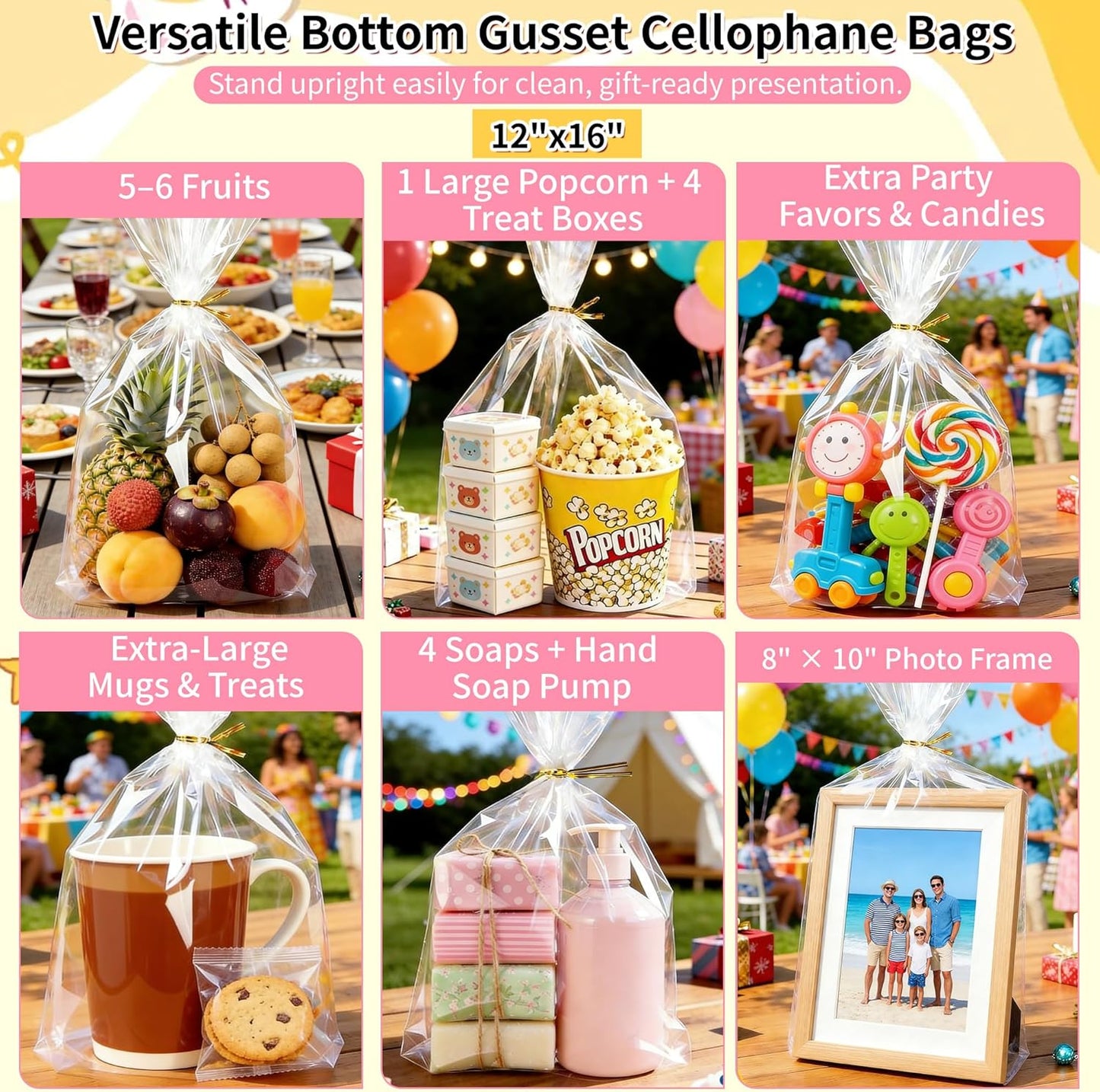 Soarvita 7x10 Inch Cellophane Treat Bags, 50 Pcs Clear Gift Bags with Bottom Gusset for Stand-Up Display, Cellophane Gift Wrap with 60 Gold Ties for Goodies, Treats, Candy, Party Favors, Toys