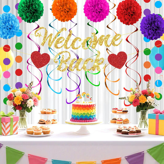 Welcome Back Party Decorations Colorful Glittery Welcome Signs Banner Hanging Swirls Paper Pompoms Circle Dots Garland for New Employee Coworker Office First Day of School Classroom Back Home Party